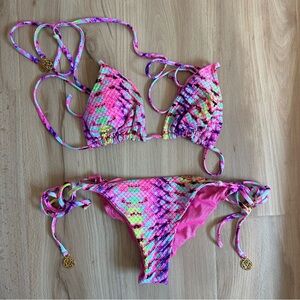 Luli Fama Neon Pink Reversible Multicolor Tie-Side String Bikini Set